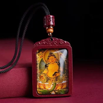Fidelity Natural Cinnabar Yellow God of Wealth Pendant Tangka Purple Gold Sand Shurangama Mantra Necklace Jewelry Sweater Chain