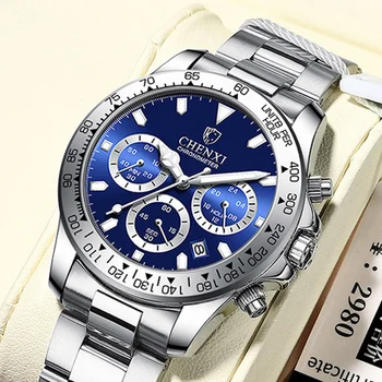 CHENXI Vyriški laikrodžiai Vyriški mėlyni laikrodžiai Mados verslas Vandeniui atsparus šviečiantis Chronografas Kvarciniai rankiniai laikrodžiai Vyrai Reloj Hombre 2021