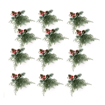 Kalėdinių servetėlių žiedų rinkinys 12, servetėlių laikikliai žiedai su dirbtiniais kankorėžiais Branche Red Berry Decor