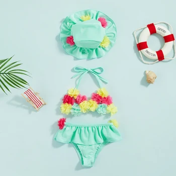 0-2 metų kūdikių mergaičių maudymosi kostiumėlių rinkinys 2023 m. Naujas vasaros kaklaraištis Kaklo bako viršūnės Ruffles šortai Sun Hat Split maudymosi kostiumėlių rinkinys