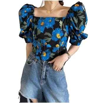Vasarinė medvilnė Mėlyna spauda Hotsweet Crop Tops Moteriškoms madingoms kvadratinėms apykaklėms Pūstos rankovės High Street Slim Korėjietiški marškiniai Palaidinės