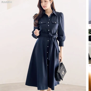 Prašmatnus korėjiečių drabužių dizainas Moteriškos Vestidos Moterys Elegantiškos biuro damos vienos krūtinės sagos ilgos retro vintažinės marškinių suknelės