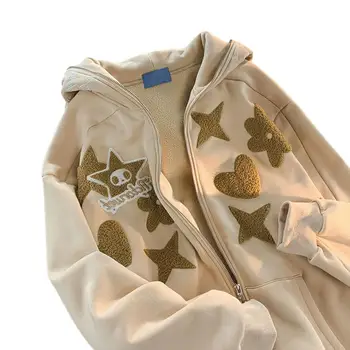 Minkšta patogi striukė Stilingas moteriškas paltas su gobtuvu su raidžių siuvinėjimais Žvaigždžių pleistras Šilti žieminiai viršutiniai drabužiai su moterimis