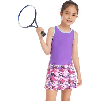 Kids Girls 2Pcs Tennis Golf Dress Komplektas Racerback marškinėliai Tankų viršūnės su sijonu Įmontuoti šortai Sportinių kostiumų komplektas bėgimui Sporto salės šokis