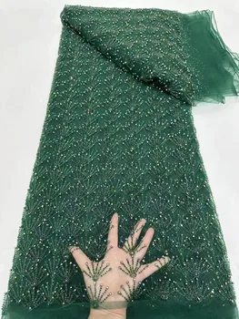 Afrikietiškas sunkus karoliukais nėriniuotas audinys Prancūziškas rankų darbo 3D siuvinėjimas Blizgučiai Nėrinių audiniai vestuvinei suknelei