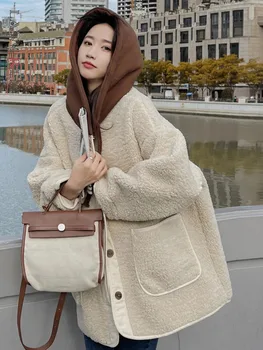 LANMREM Korėjietiško stiliaus ėriuko kailis Žieminės striukės Moteriškos kontrastinės spalvos džemperis su gobtuvu Vienos krūtinės paltas Mada 2023 Nauji drabužiai 2AA3984