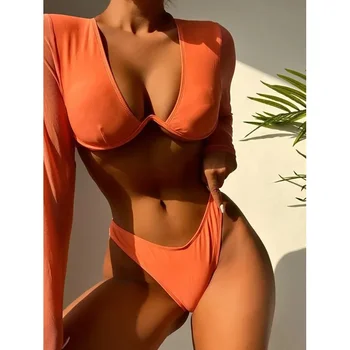 2023 Naujas dviejų dalių maudymosi kostiumėlis Moteriški seksualūs bikini Push Up ilgomis rankovėmis Oranžinis maudymosi kostiumas Paplūdimio apranga Costumi Da Bagno Donna