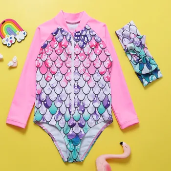 Baby Girl Toddlers Maudymosi kostiumėlis Vientisas maudymosi kostiumas Undinės svarstyklės 3D spausdinti Maudymosi kostiumas Kombinezonas ilgomis rankovėmis Paplūdimio apranga Maudymosi kostiumėliai