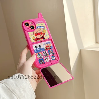 Anime Anpanman Miela rožinė atverčiama veidrodžio antena Senovinis telefono dėklas, skirtas iPhone 11 12 13 14 15 Pro Max XS X XR Mada Nauja