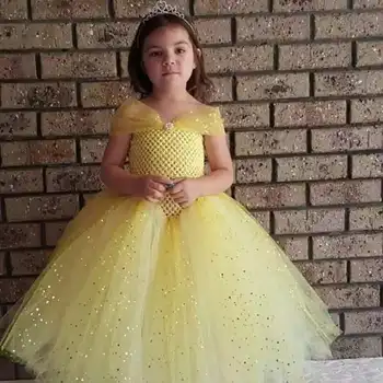 Elegantiška geltona mergaičių vakarėlis Tutu suknelė Princesės suknelė Stulbinanti geltona blizganti tiulis Baby Girls Tutu suknelė Gėlių mergaičių suknelės