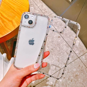 Simplicity Color Diamond Surround Transparent Phone Case for iPhone15 14 13 12 11Pro Max X XR XS 15 14Plus Rhinestone Len Cover