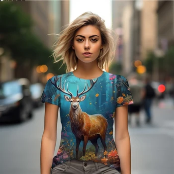 Summer new lady T -shirt deer 3D printed