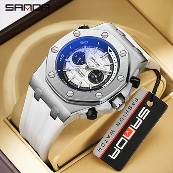 SANDA Fashion Casual Men Watch Automatinis mechaninis šviečiantis vandeniui atsparus laikrodis Baltas silikoninis dirželis Nauji vyriški laikrodžiai Reloj hombre