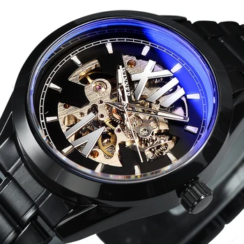 WINNER Karinis laikrodis vyrams Mėlyna šviesa Mados skeletas Automatiniai mechaniniai laikrodžiai Nerūdijančio plieno dirželis Šviečiantis rankinis laikrodis