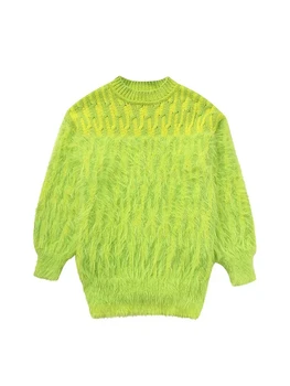 HH TRAF Moteriškas kailinis žieminis megztinis O kaklo megztinis ilgomis rankovėmis megztinis Laisvas viršus Fuzzy Fashion Casual Moteriškas trumpas megztinis