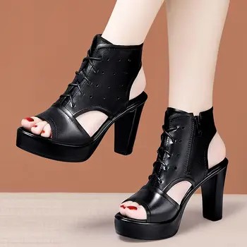 Mažas dydis 32-43 Seksualios natūralios odos basutės Moteriški platforminiai batai 2023 m. vasara Juodo bloko aukštakulniai Gladiatoriaus sandalai Biuras