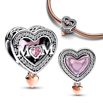 Boutique 925 Sterling Silver Pink Gemstone Dviejų atspalvių ažūrinis mum & heart charm fit Pandora apyrankė ir karoliai Pasidaryk pats motinos dovana