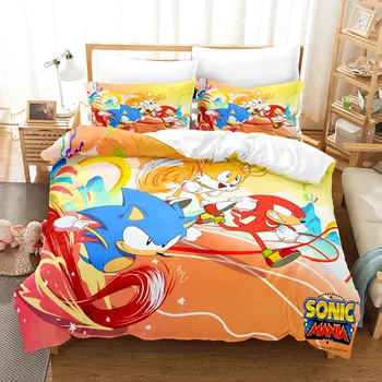 3PCS Vienos pusės spausdinimas Sonic antklodės užvalkalas Sonic Quilt užvalkalas ir pagalvės užvalkalas Trijų dalių rinkinys 3D spausdinta antklodė Šilta ir patogu