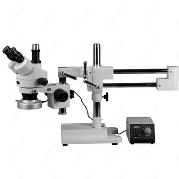 Trinokulinis stereo mikroskopas --AmScope tiekia 7X-45X trikampį priartinimo stereo mikroskopą su sunkia metaline 80-LED žiedine šviesa