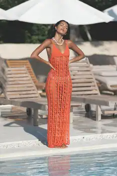 Women s Crochet Bikini Cover Ups Sleeveless V Neck Solid Color Split Cover Up Long Beach Dress