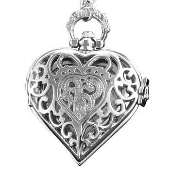 Sidabrinė klasikinė meilės formos pora tuščiaviduris kvarcinis kišeninis laikrodis retro grandininis laikrodis Vyriško ir moteriško kaklo papuošalo dovana