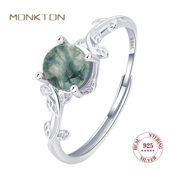 Monkton Naujas 100% S925 sterlingų sidabro žalios samanų tekstūros agato žiedas moterims Elegantiškas onikso žiedas motinos gimtadienio papuošalų dovanai