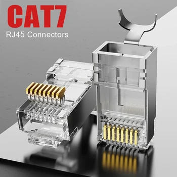 CAT7 ekranuota jungtis nepraeina per RJ45 eterneto galus 50u sidabru dengti 8P8C moduliniai kištukai tinklo FTP / STP kabeliui