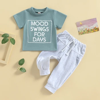 Toddler Baby Boys vasaros apranga Cool Letter Print Marškinėliai trumpomis rankovėmis Elastinis kelnių komplektas Medvilninis kūdikių drabužių komplektas
