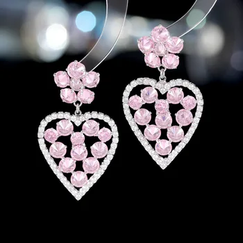 Ryškūs CZ Stone Pink Heart Dangle auskarai Europos ir Amerikos moterims Mados prabangių vestuvių prekės ženklo papuošalai