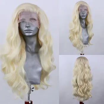 Bombshell Blonde Body Wave Synthetic 13X4 nėrinių priekiniai perukai be klijų aukštos kokybės karščiui atsparūs pluoštiniai plaukai madingiems moteriškiems perukams