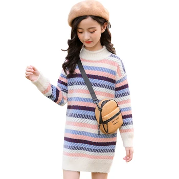 Mergaitės Ilgas megztinis Dryžuotas megztinis mergaitėms Ruduo Žieminis megztinis vaikams Laisvalaikio stiliaus drabužiai Mergaitei 6 8 10 12 14