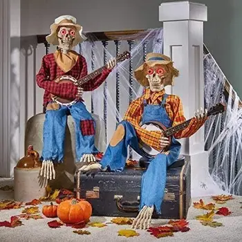 Juokinga animacinė dvikova Banjo skeletai Helovinas Pakabinamas dekoras Lauko verandos kiemas Vejos terasa Ragana Helovinas Dekoro rekvizitas