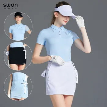 SG Summer Lady Ice Silk trumpomis rankovėmis Tops Quick-dry Golf Polo marškinėliai Moteriškas golfo pieštuko sijonas su Bowknot Slim Sports Skort komplektu