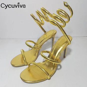 2023 Vasaros gyvatės formos ratas Aukštakulniai vakarėlių batai Seksualūs atviri kojų pirštų stiletai Krištolo siaura juosta Karštas išpardavimas Gladiatorių sandalai