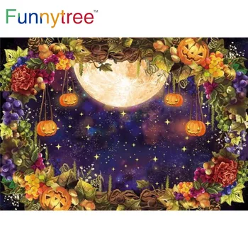 Funnytree Happy Halloween Party Moliūgų žibintas Fonas Mėnulio nakties žvaigždės Rudens vynuogių gėlės Vynuogių triukas Fonas
