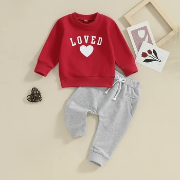 Mažyliai berniukai Valentino dienos apranga Širdies laiškų spausdinimas Džemperiai ilgomis rankovėmis ir ilgos kelnės 2Vnt Drabužių komplektas