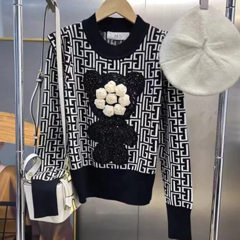Stilingas žakardinis crop tops megztinis moteriški džemperiai ilgomis rankovėmis apvaliu kaklu megztiniai Megztiniai Vintage Fashion Chic Ladies Trikotažas