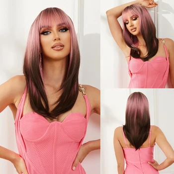 Long Layered Straight Synthetic Wigs for Women Ombre Pink Pink Brown Medium Length Hair Cosplay Perukas su kirpčiukais Atsparus karščiui Natūralus