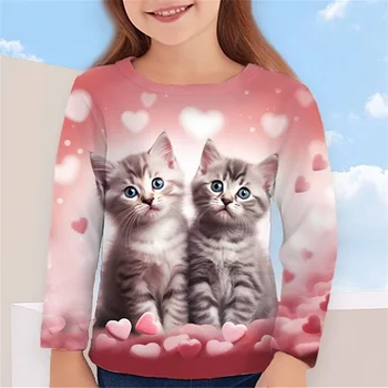 2023 Rudens vaikų drabužiai mergaitėms Gyvūnų katės marškinėliai ilgomis rankovėmis 3D Spausdinti Pavasario vaikai 3-12 metų drabužiai Mieli trišakiai Viršūnės