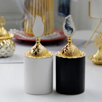 Prabangus auksinio metalo juodai baltas smilkalų degiklis Keramika Smilkalų laikiklis su metaliniu dangčiu Paprastas modernus paprastas rankdarbių dekoras