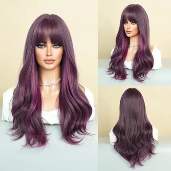 PARK YUN Ilgas banguotas violetinis perukas moterims Daily Party Cosplay Didelio tankio sintetiniai laisvi kūno banguoti plaukų perukai su kirpčiukais