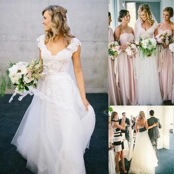 Seksualios Boho vestuvinės suknelės 2023 V-Neck aplikacijos Nėrinių perlai Butonai Atgal A-Line Tiulis Oficiali suknelė Beach Simple Bridal