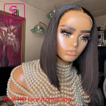 HD nėrinių priekinis perukas Trumpas Bobo perukas Tiesus 13x4 priekiniai žmogaus plaukų perukai juodaodėms moterims Iš anksto nupešti braziliški nėrinių perukai 180%