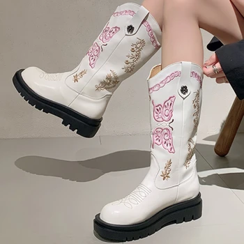 2023 Karšto išpardavimo batai moterims Iki kelių žiemos slydimas ant moteriškų batų Mišrios spalvos Apvalus pirštas Vidurinis kulnas Vandeniui atsparūs madingi batai