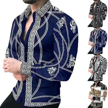 Nauji retro vyriški marškiniai Laisvalaikio marškiniai Šviesus prabangus raštas Spausdinimas ilgomis rankovėmis Vyriški drabužiai Megztiniai Marškiniai