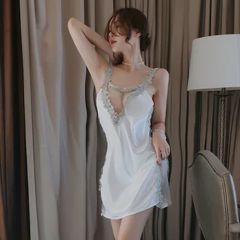 Moterų seksualus dirželis nėrinių tuščiavidurė miego suknelė Giliai V Atvira nugaros perspektyva Nėriniai Atvira nugara Miego suknelė