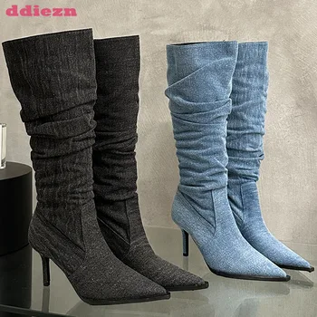 Fashion Knee-High Women Pumps Long Boots Shoes Pointed Toe Modern Ladies Chelsea Boots Autumn Slip On Denim Blue Female Shoes