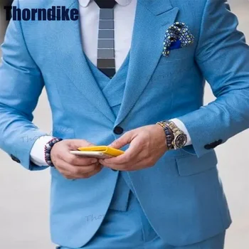 Thorndike klasikinių mėlynų kostiumų komplektai 3 vnt vyriškas plonas kostiumas ir liemenė & kelnės vestuvinis smokingas Prom kostiumas Elegantiškas kostiumas Homme Blazer