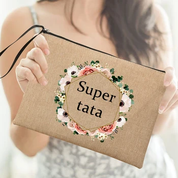 Super Tata Vainiko atspaudas Kosmetikos krepšys Moterims Būtinas makiažo maišelis Lininis užtrauktukas Maišelis Kelioninių reikmenų organizatorius Geriausios dovanos Tatai