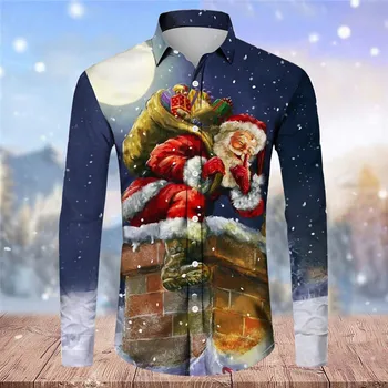 Mens Christmas Fashion Casual Printed Lapel Button Down Shirt Top Beachwear Cardigan Palaidinės Retro
